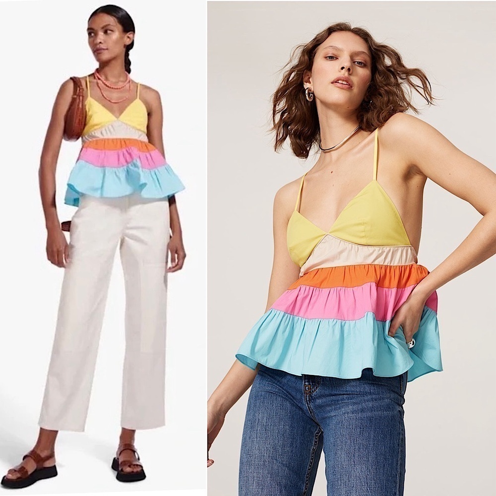 STAUD Colorblock Rainbow Stripe Sleeveless V-Neck‎ Tiered Ruffle Babydoll Top S